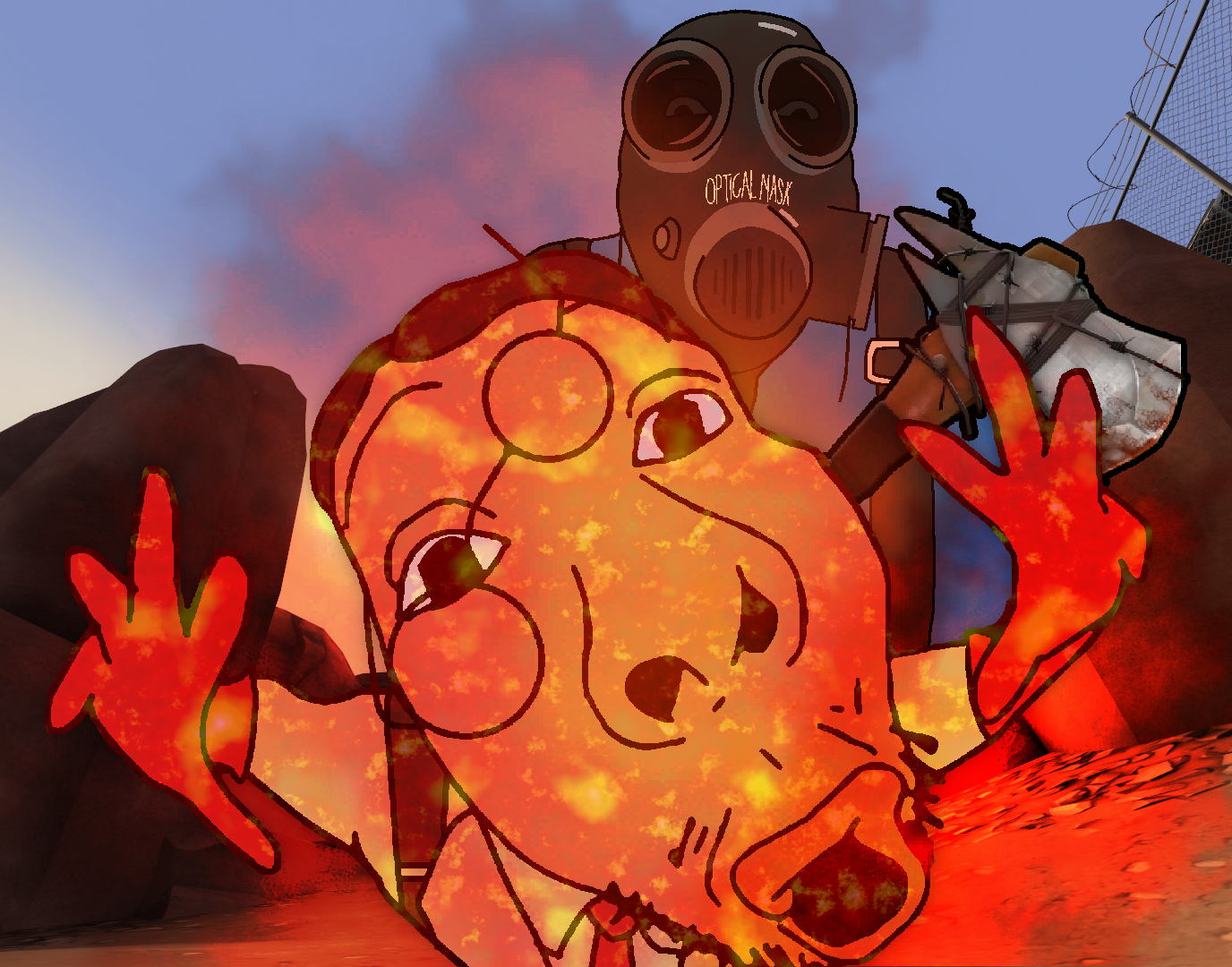 medic (team fortress 2), pyro (team fortress 2), bernd, fisheyejak, axe, clothes, collared shirt, fire, flames, gasmask