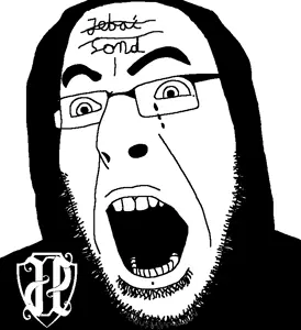 cobson, 1soyjak, excited, glasses, hair, hoodie, logo, long hair, looking to the left, mouth