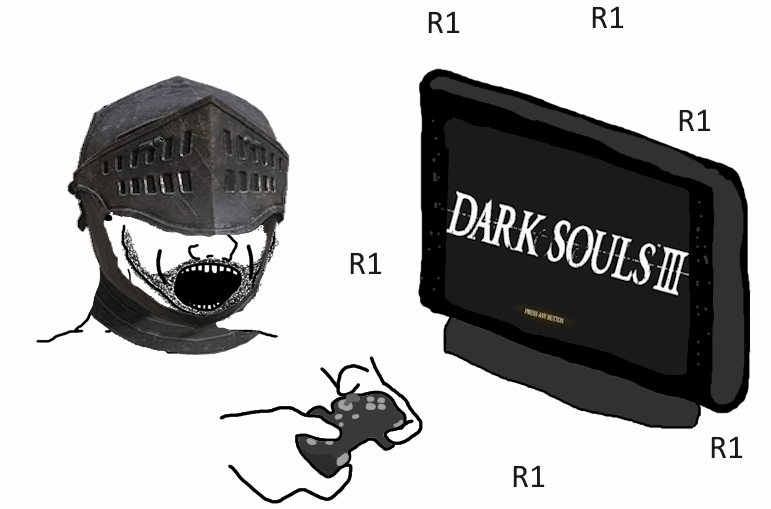 excited soyjak, animated, clothes, controller, dark souls, dark souls 3, game controller, hands, hat, helmet