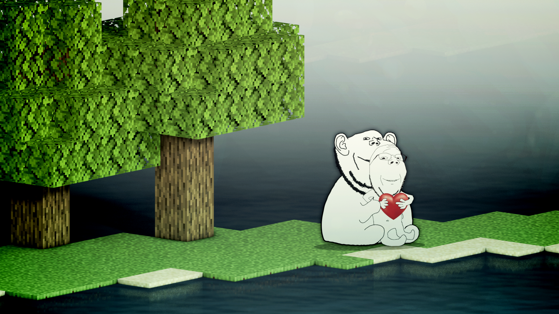 mrobsessed, gapejak, impish soyak ears, wholesome soyjak, bald, glasses, grass, holding heart, holding person, looking at you