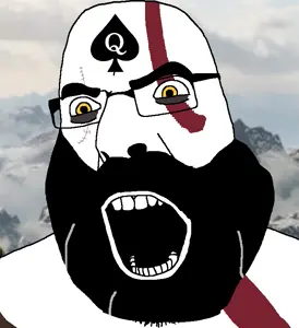 kratos, cobson, beard, glasses, open mouth, queen of spades, soyjak, spade, video game, yellow eyes
