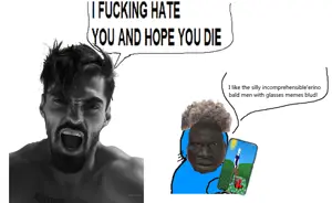 209958 - soybooru.com - 1_year_on_bald_men_with_glasses_website angry badge black_shirt blonde_hair blue_skin edit fallen fallenchungus hair holding_object holding_phone immigrant incomprehensible incompreh.png