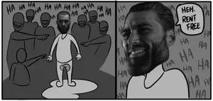gigachad, arm, beard, black and white, clothes, full body, hair, hands, laughing, multiple people