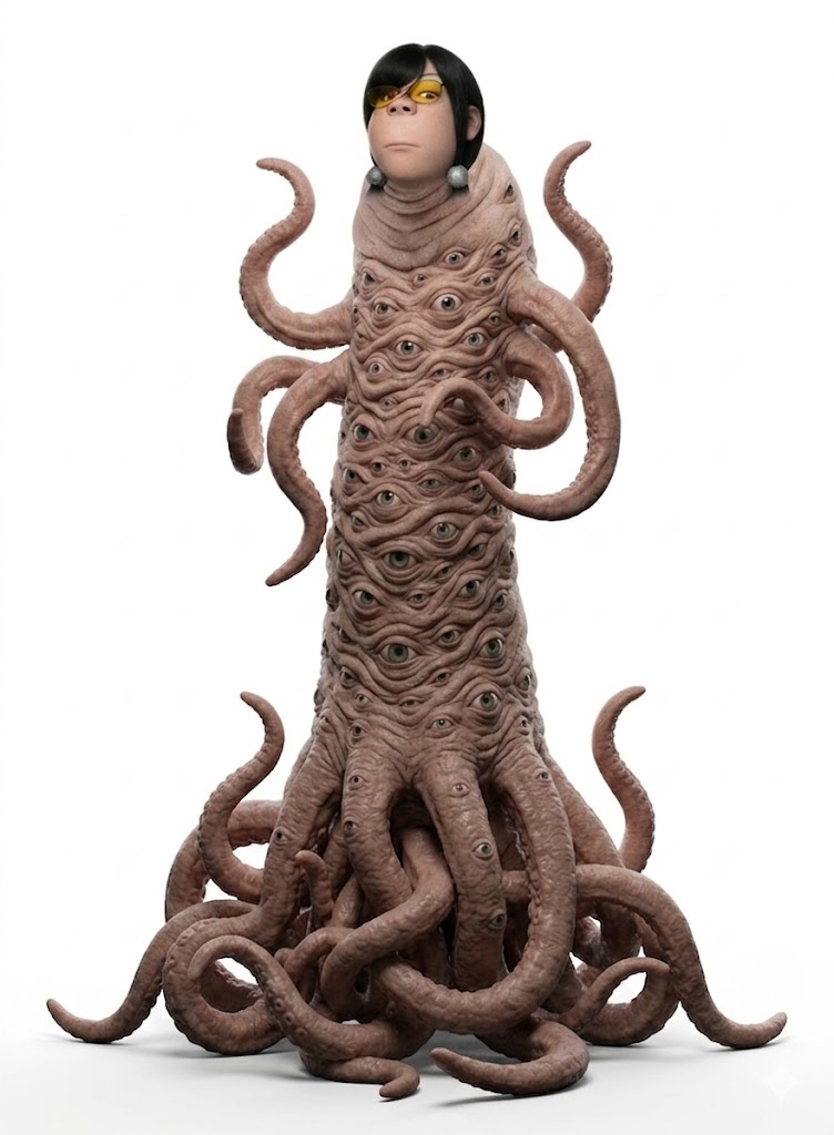 gapejak, female gapejak, femjak, monstrous cobblecreatures, abomination, black hair, closed mouth, creature, eyes, female