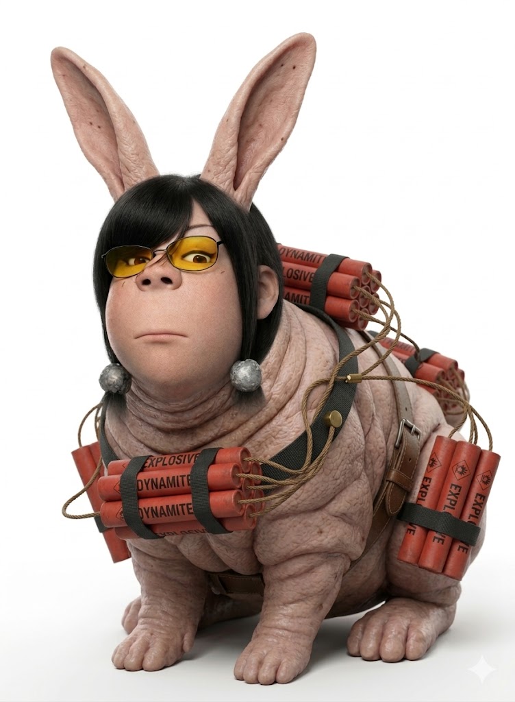 gapejak, female gapejak, femjak, monstrous cobblecreatures, animal, bomb, bunny, bunny ears, dynamite, explosive
