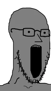 soyak, npc soyak, glasses, gray, gray skin, monochrome, npc, open mouth, soyjak, stretched mouth