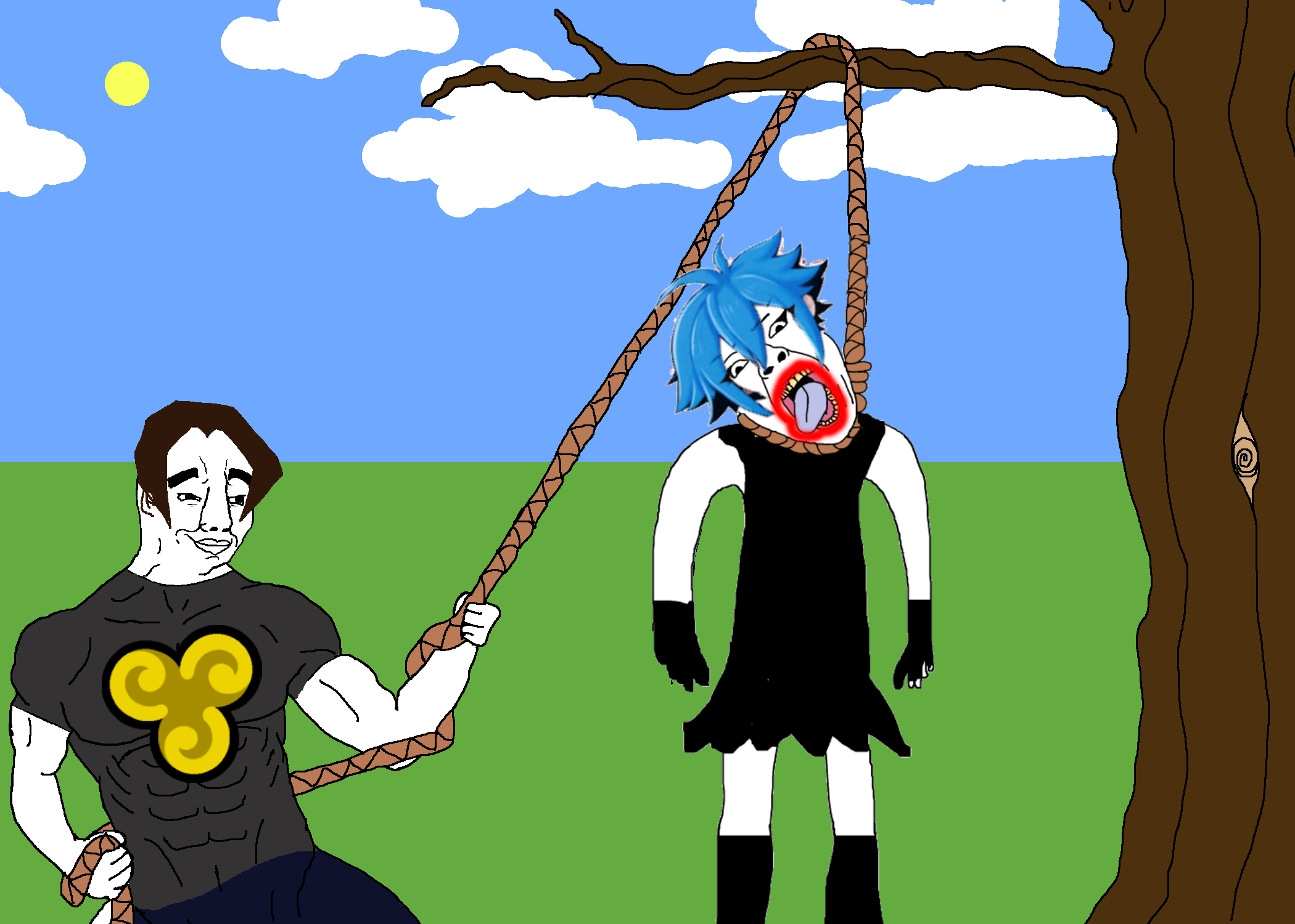 bernd, chudjak, chudjak front, hanging ugly personjak, muscular chud, ugly personjak, ack, black dress, blue hair, blue tongue