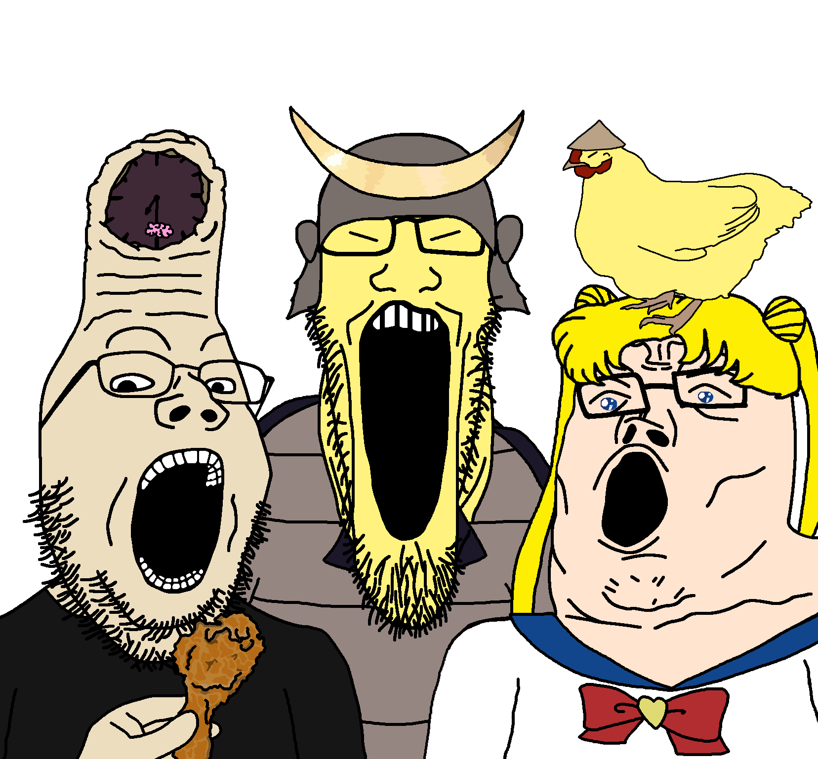 usagi, gapejak, markiplier soyjak, tony soprano soyjak, soyjak trio, armor, black shirt, blonde hair, bowtie, brain