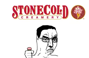 chudjak, cold stone creamery, fist, food, frown, hands, holding object, ice cream, punisher face, soyjak