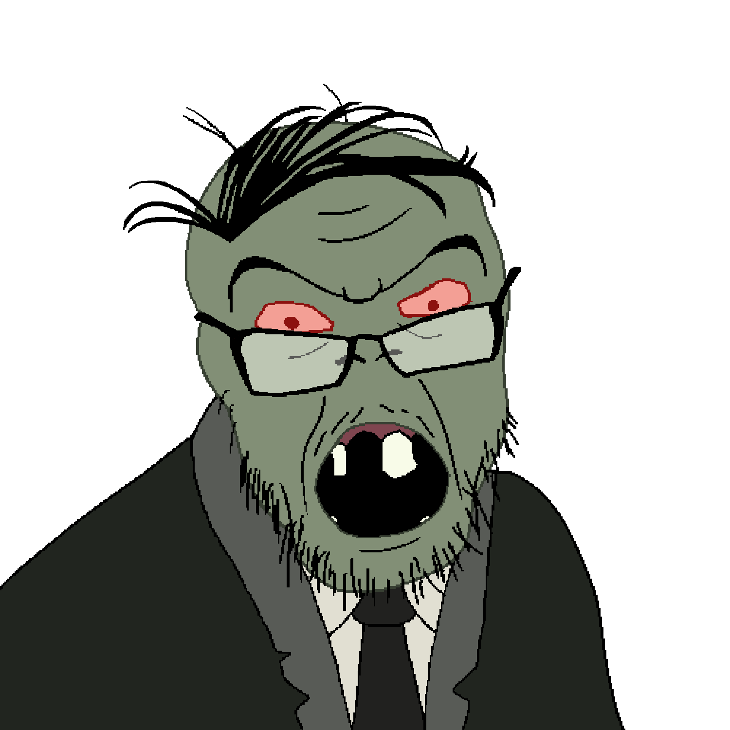 feraljak, angry, balding, black hair, clothes, combover, eyebrows, forehead lines, glasses, green skin