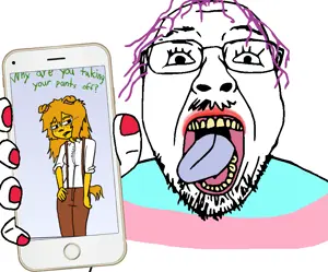 femjanny, bernd, troonjak, ack, hanging, holding object, holding phone, janny, phone, purple hair