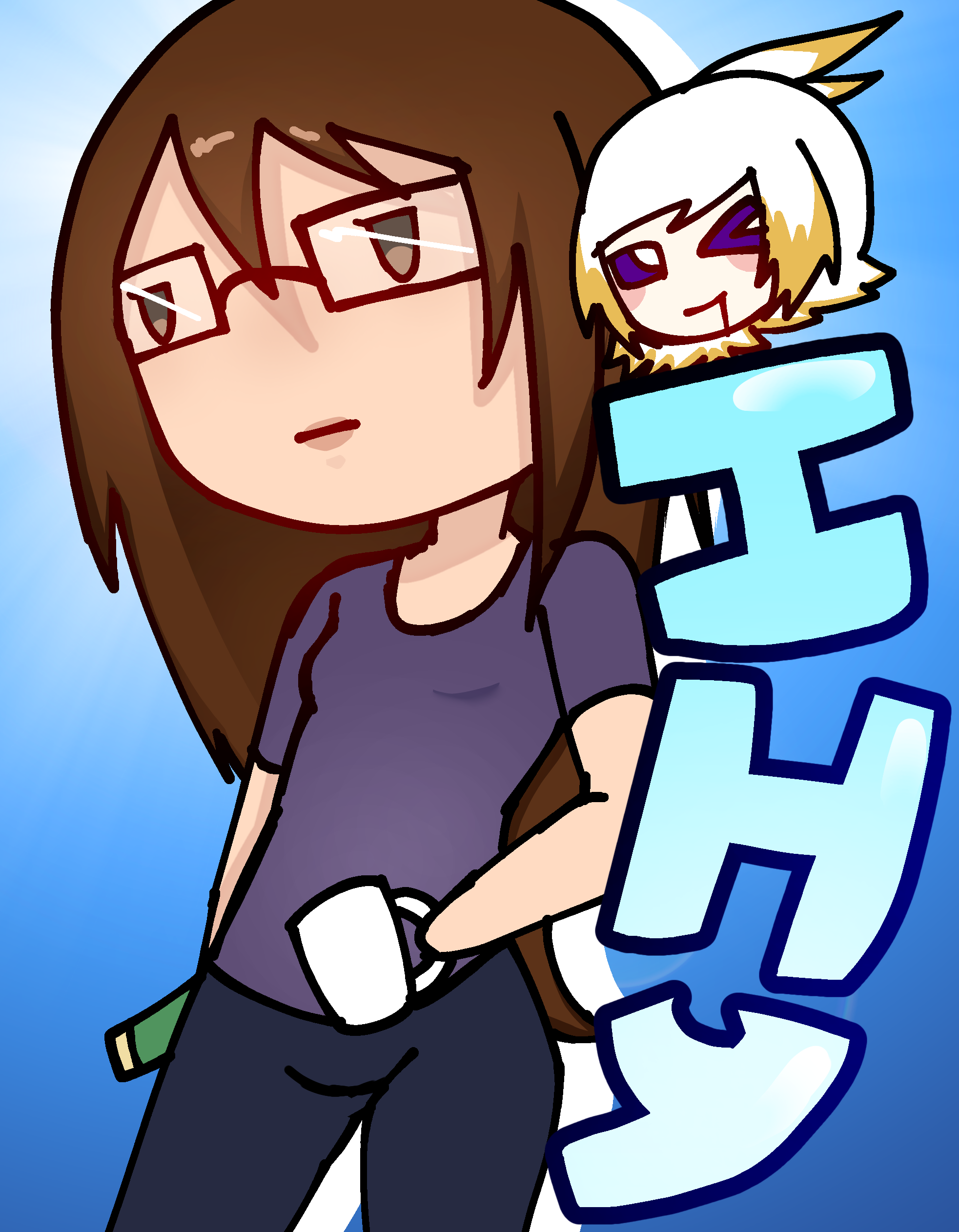 blugetoffsoybooru, blue background, brown eyes, brown hair, closed mouth, female, glasses, hair, half body, ibispaint