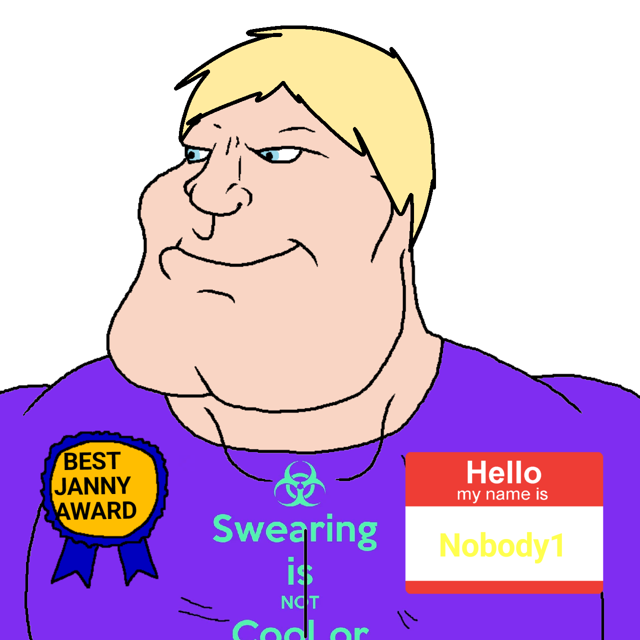 meximutt, mexiaryan, award, blue eyes, closed mouth, hair, janitor, janny, no beard, no glasses