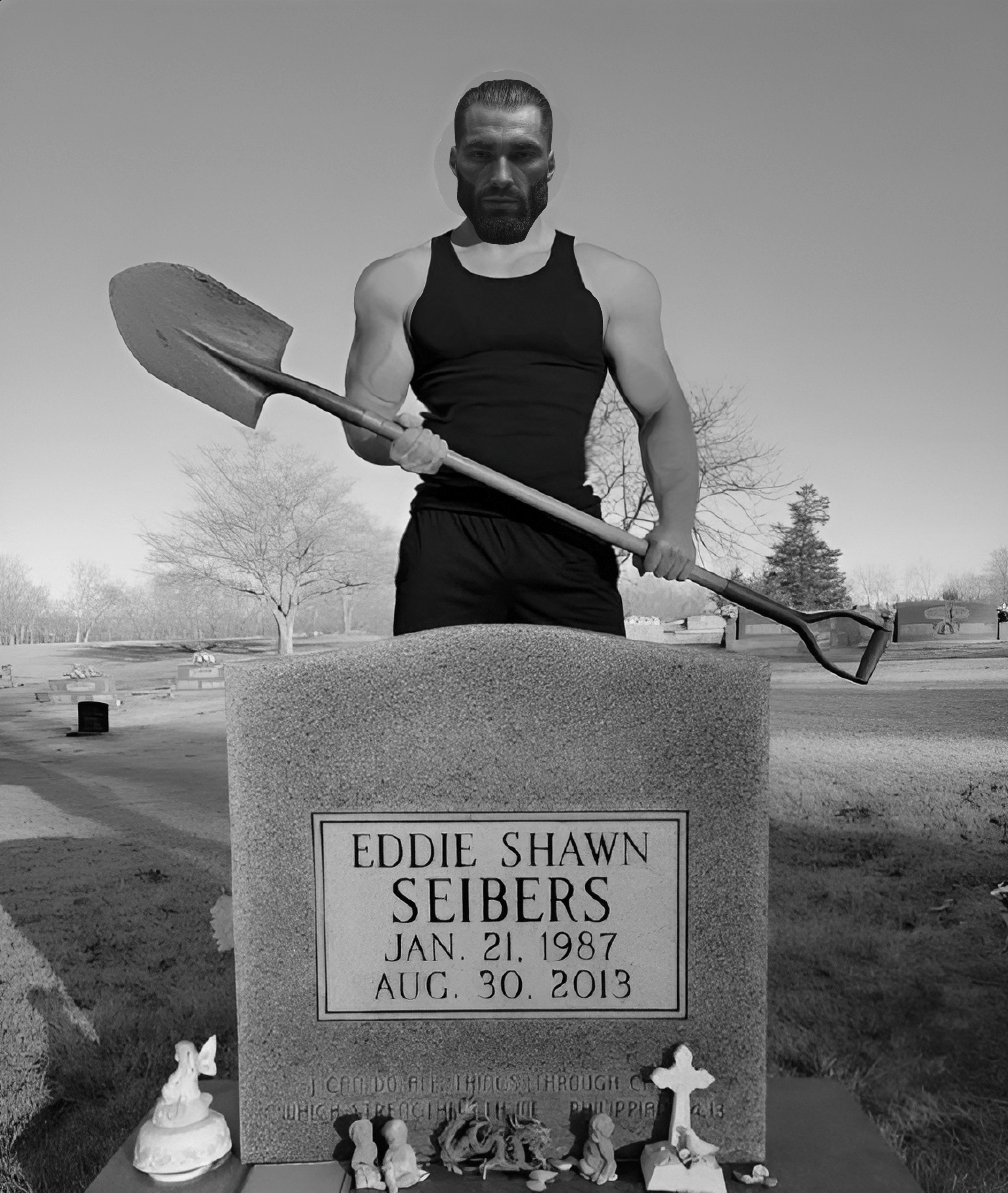gigachad, angel, beard, black and white, buff, chibi reviews, chibi reviews chair incident, cross, decorations, eddie shawn seibers