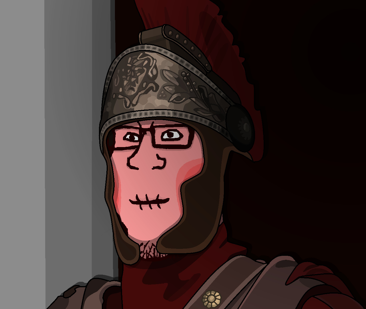 markiplier soyjak, neutralplier, threefourthsplier, bloated, closed mouth, galea, glasses, guard, holding laughter, neutral