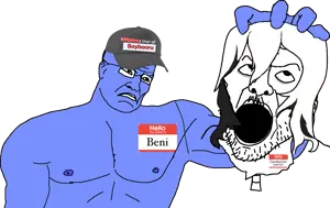 chudjak, kratos chudjak, beheaded, blue skin, grey hat, hair, name tag, tranny, white hair, beni