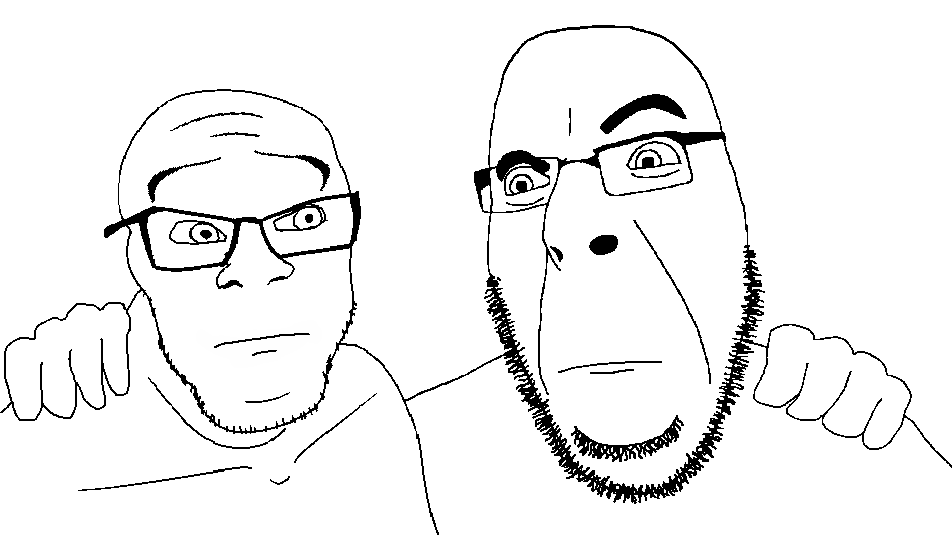 cobson, feraljak, no more brother wars, trios & duos, 2soyjaks, aliased, arm behind back, bushy eyebrows, closed mouth, eyebrows