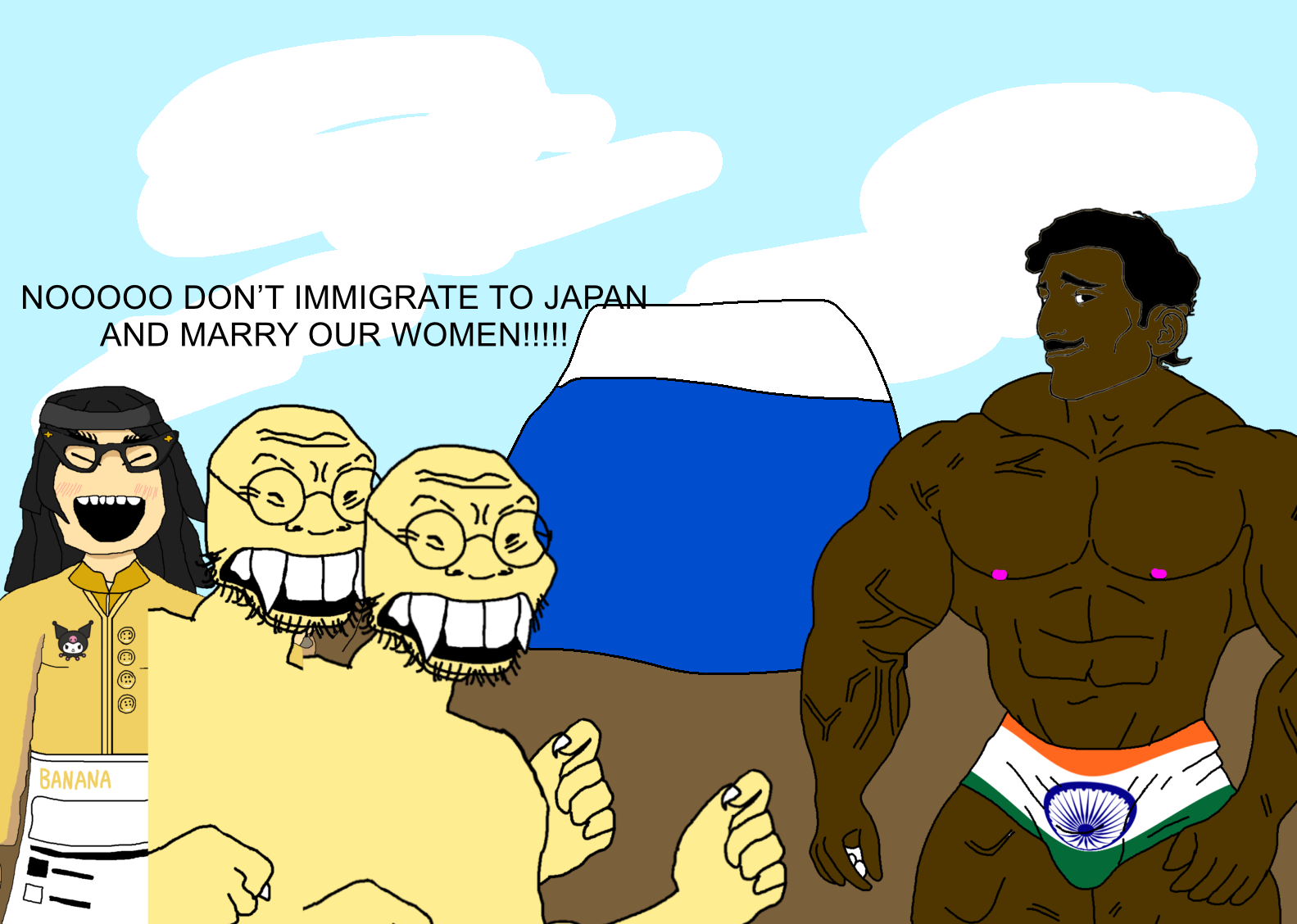 soychang, soytan, pajeetjak, soykio kid, pajeetaryan, asian, asian female, buff, drawn background, female