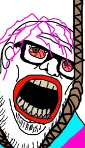 stu, bloodshot eyes, brown eyes, dead, ear, flag, glasses, hair, hanging, lipstick