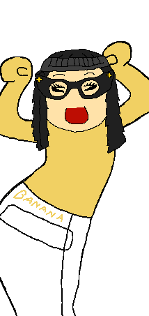 soychang, soytan, 1soyjak, almost full body, animated, asian, asian female, banana, black hair, caramelldansen