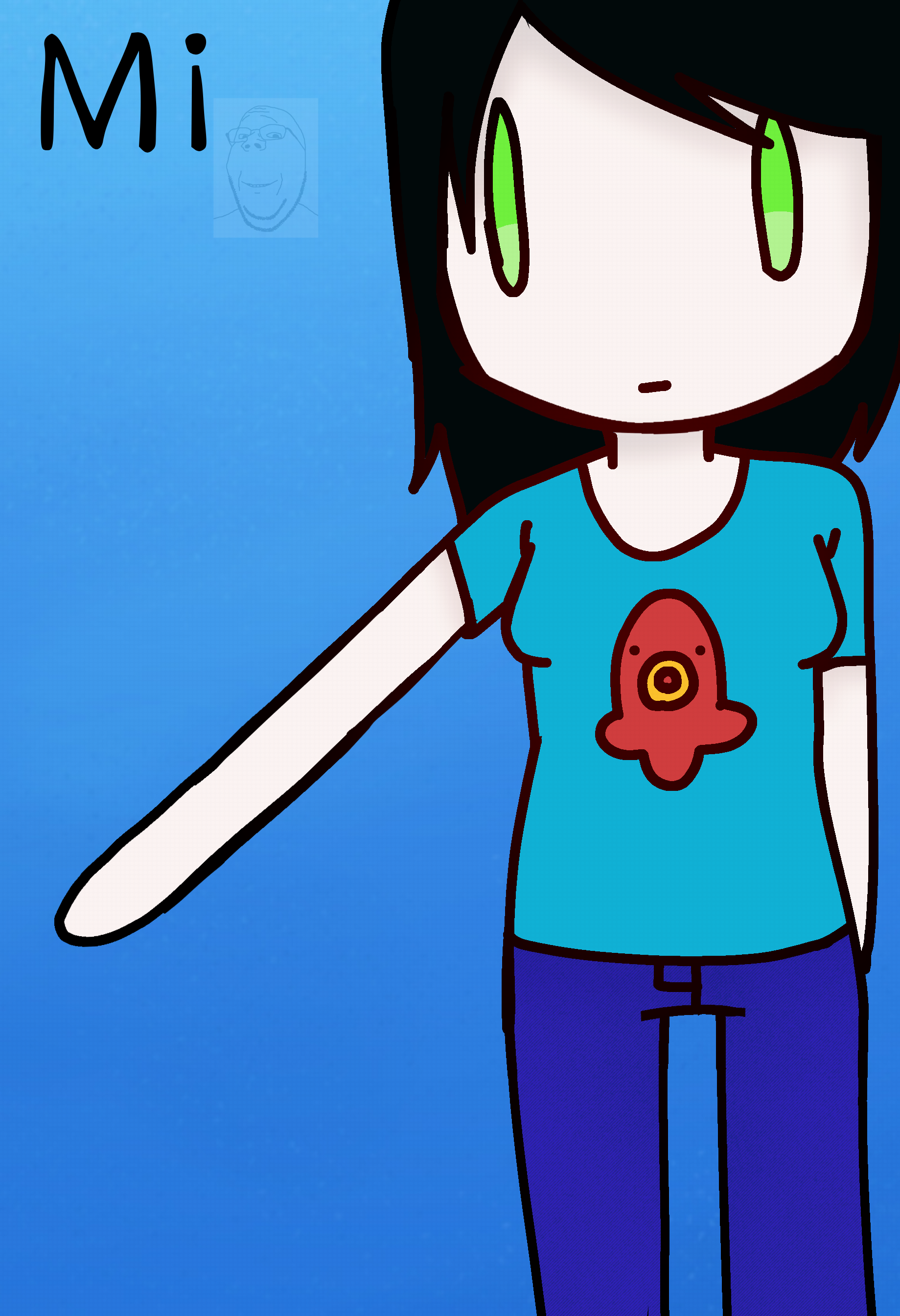blugetoffsoybooru, gapejak, wholesome soyjak, black hair, blue background, blue pants, blue shirt, female, green eyes, hair