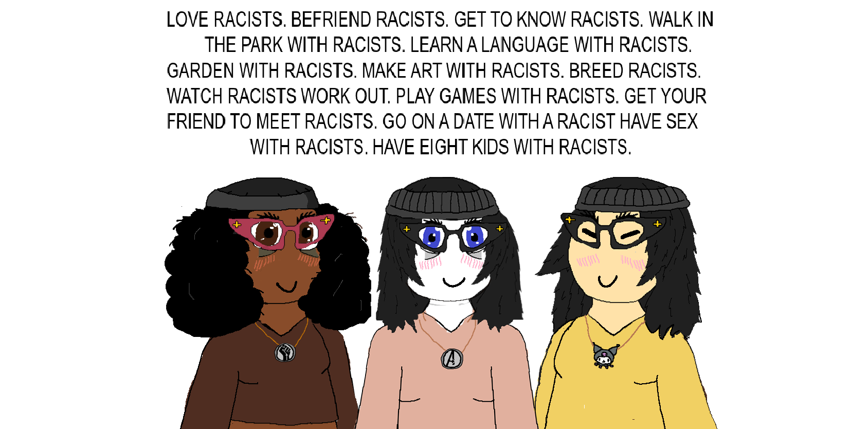 kuromi (sanrio), soychang, soyniqua, soytan, afro, asian, beanie, black hair, black skin, blue eyes
