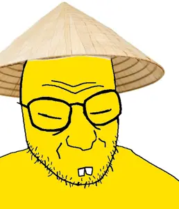 snopesjak, asian, buck teeth, closed eyes, closed mouth, clothes, glasses, hat, rice hat, soyjak