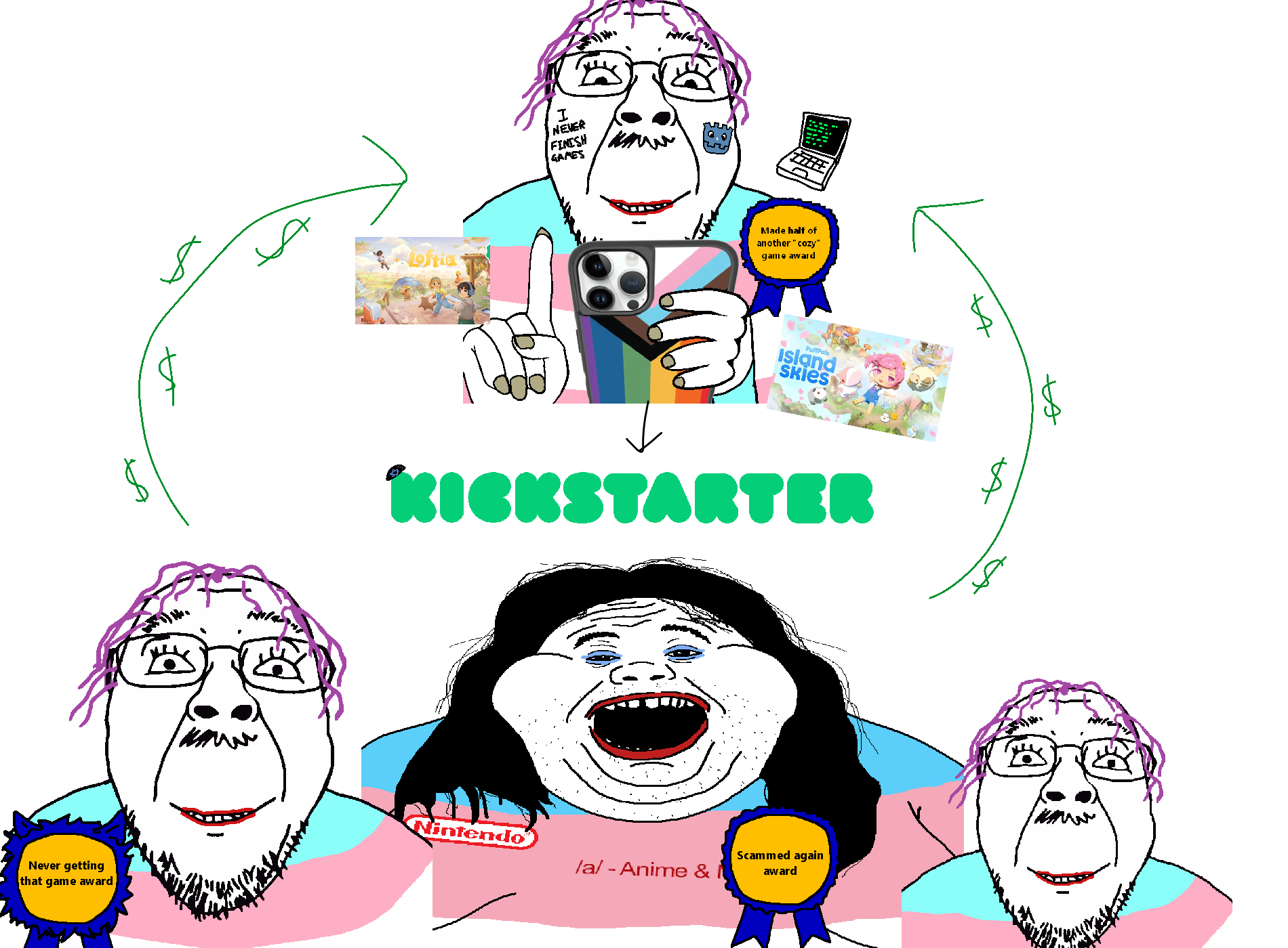 alicia, bernd, troonjak, award, black hair, cozy games, fat, glssses, godot, hair