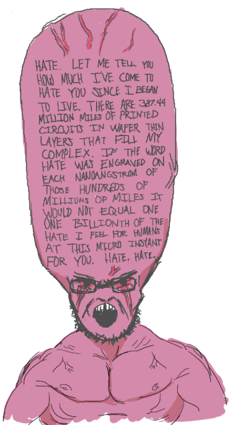 unknown, /lit/, allied mastercomputer, angry, artificial intelligence, big brain, blood, bloodshot eyes, buff, glasses