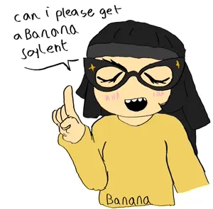 soychang, soytan, arm, asian, asian female, banana, beanie, black hair, black text, blush