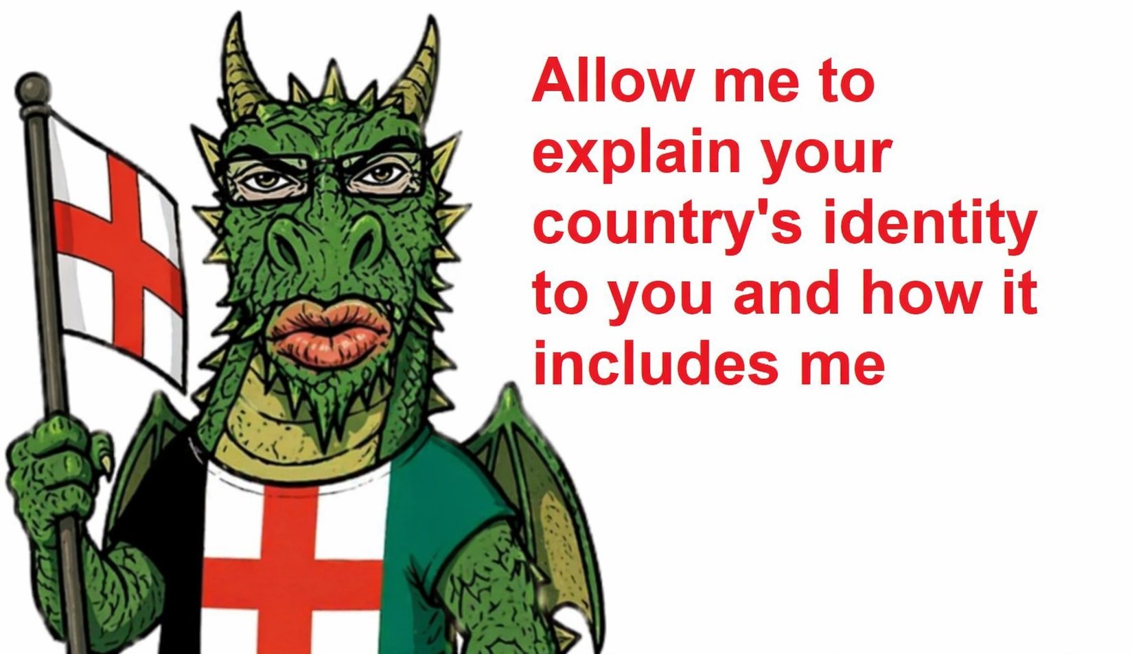 markiplier soyjak, punisher face, big lips, dragon, england, flag, glasses, green skin, half body, horns