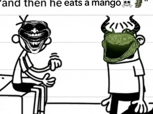 trollface, animated, brainrot, food, front view, fruit, green eyes, green skin, greg heffley, horns