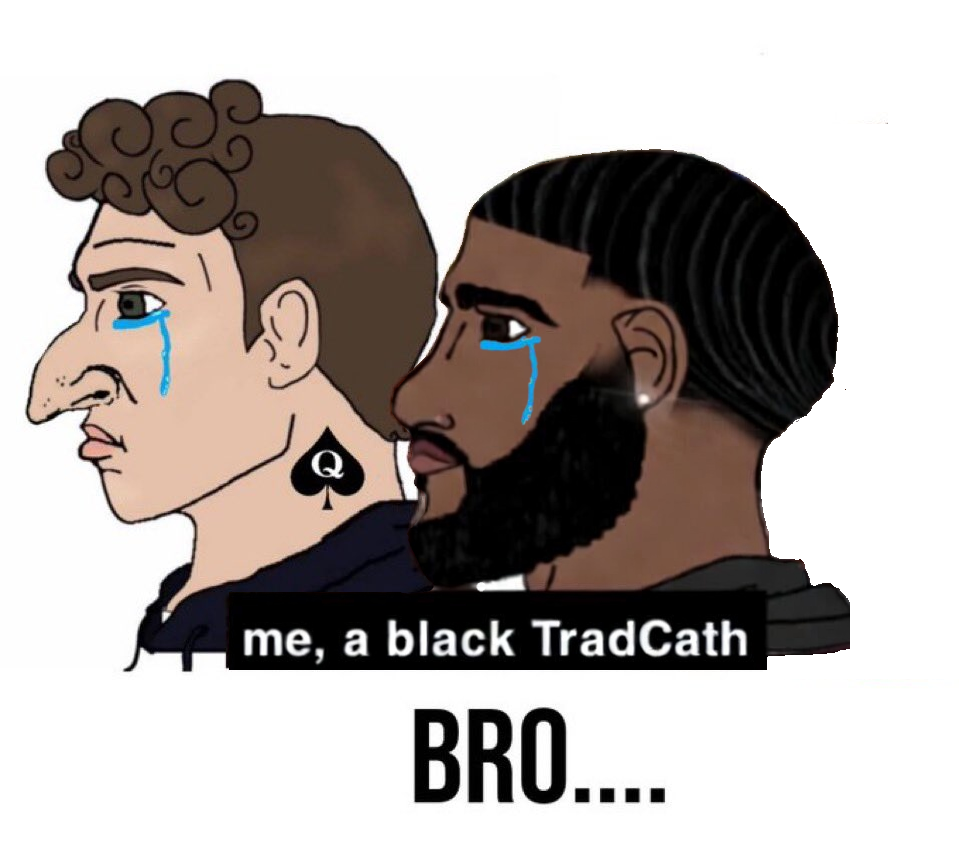 black tradcath, yes chad, i was raped yesterday, it's based and christpilled, black hair, brown hair, crying, curly hair, dark skin, earring