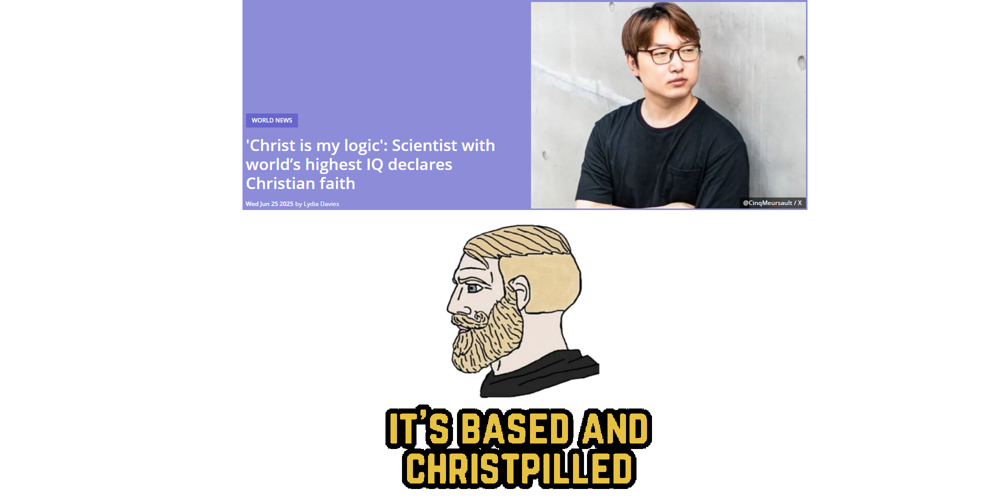 yes chad, it's based and christpilled, asian, based, beard, black shirt, black text, blonde hair, brown hair, christianity