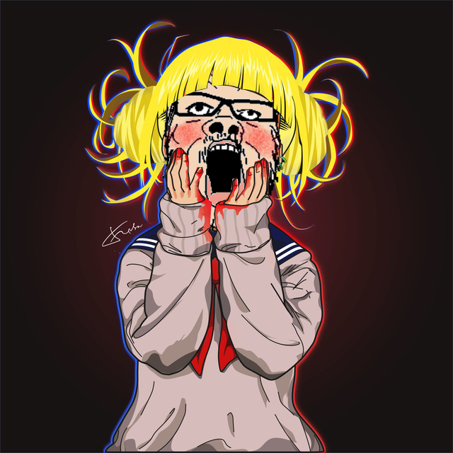 a24 slowburn soyjak, anime, arm, blonde hair, blood, boku no hero academia, clothes, ear, earring, glasses