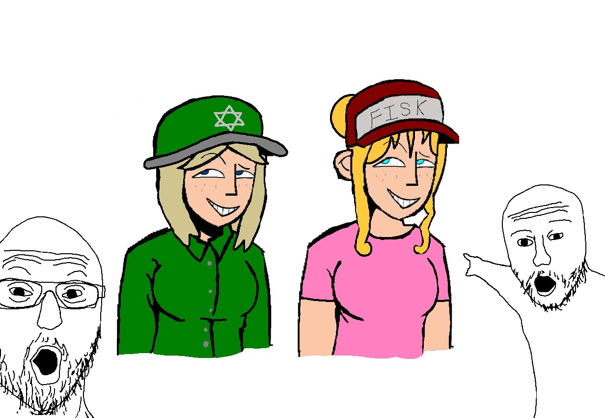 yana (ongezellig), yfke (ongezellig), two pointing soyjaks, aryan, a10 eyes, arm, blonde hair, clothes, frisian, frisian text