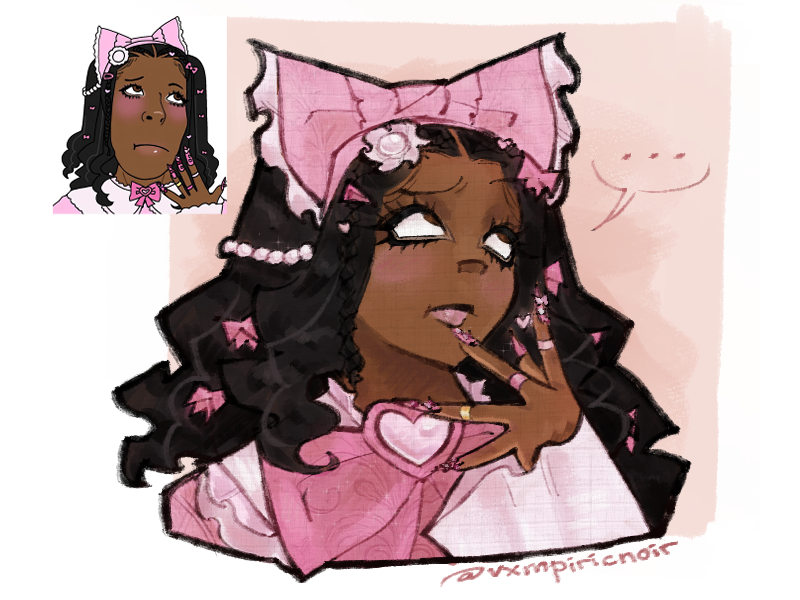 vxmpiricnoir, cobson, himeson, gyarujak, art, black hair, black skin, bow, brown eyes, closed mouth