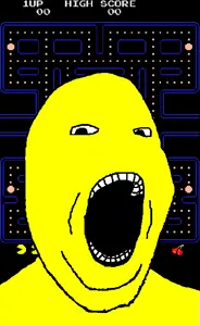 gapejak, no eyebrows, no nose, open mouth, pacman, soyjak, video game, yellow skin