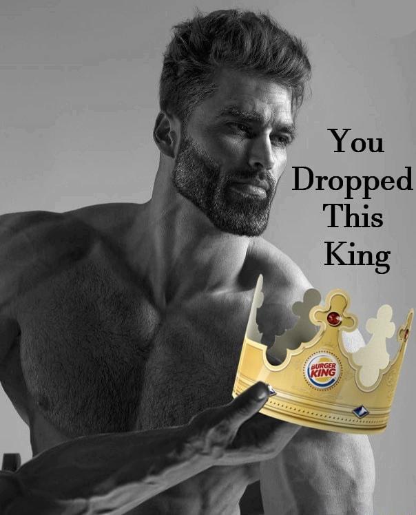 gigachad, arm, beard, black text, buff, burger king, chest, chest hair, closed mouth, clothes