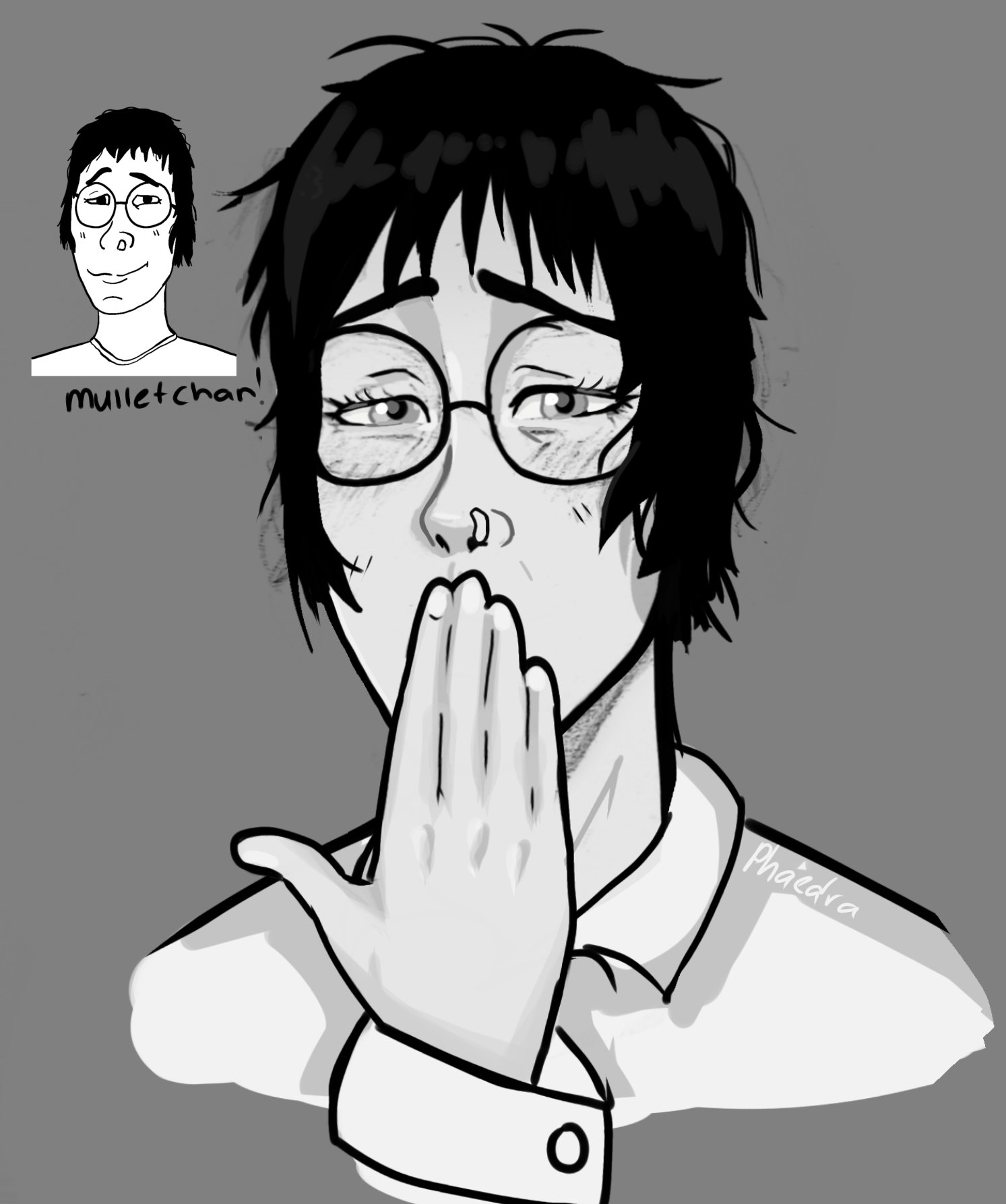 phaedra, mulletjak, mulletfoid, femjak, black hair, blush, covering mouth, female, foid, glasses