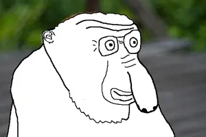 headjak, animaljaks, blurred background, closed mouth, ear, fur, glasses, irl background, monkey, nature