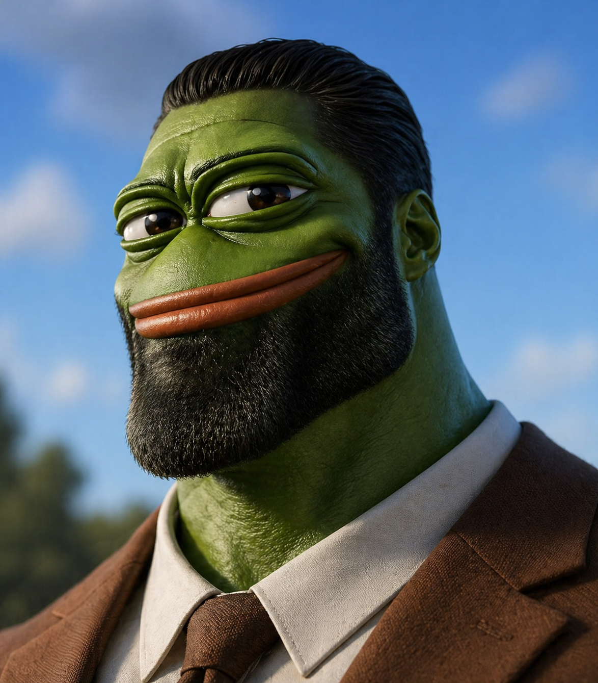gigachad, pepe, gigapepe, big lips, blurred background, chatgpt, closed mouth, clothes, clouds, combination