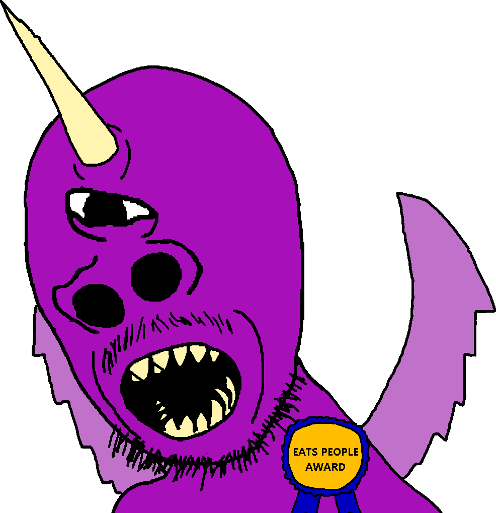 nostriljak, award, cyclops, horns, mustache, one eye, one eyed one horned flying purple people eater, open mouth, purple skin, sharp teeth