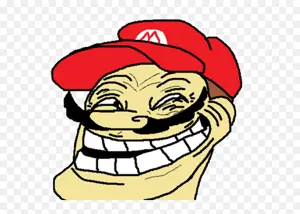 mario, trollface, clothes, hat, mario hat, nintendo, open mouth, smile, teeth, video game