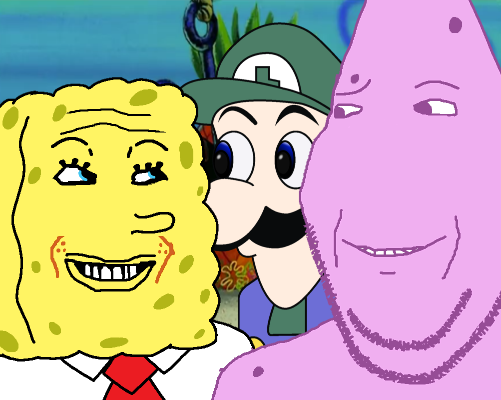 luigi, patrick star, spongebob squarepants, weegee, gapejak, markiplier soyjak, grinplier, are you soying what im soying, anchor, background