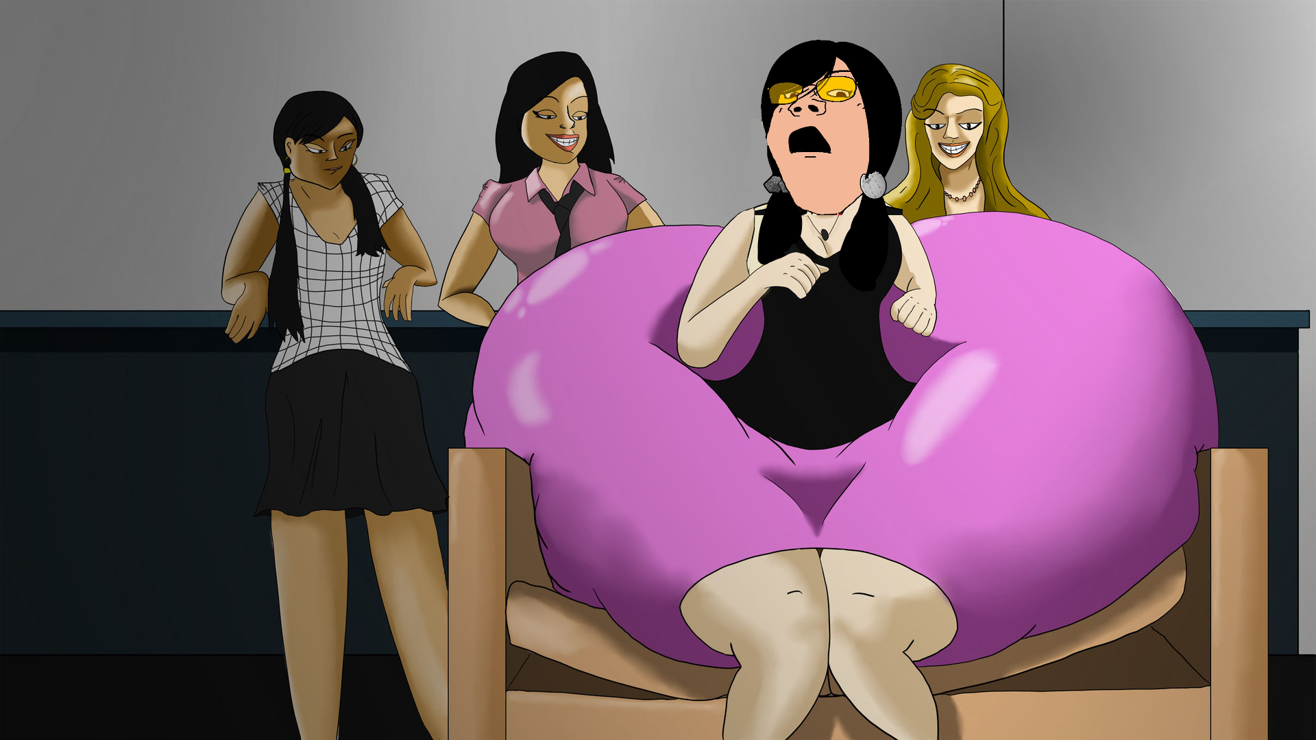 dobkun, gapejak, ass, black hair, blonde hair, brown skin, club, commercial, couch, dress