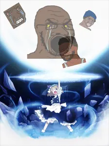 marisa kirisame, wojak, soyak, angry, anime, black skin, crying, distorted, glasses, master spark