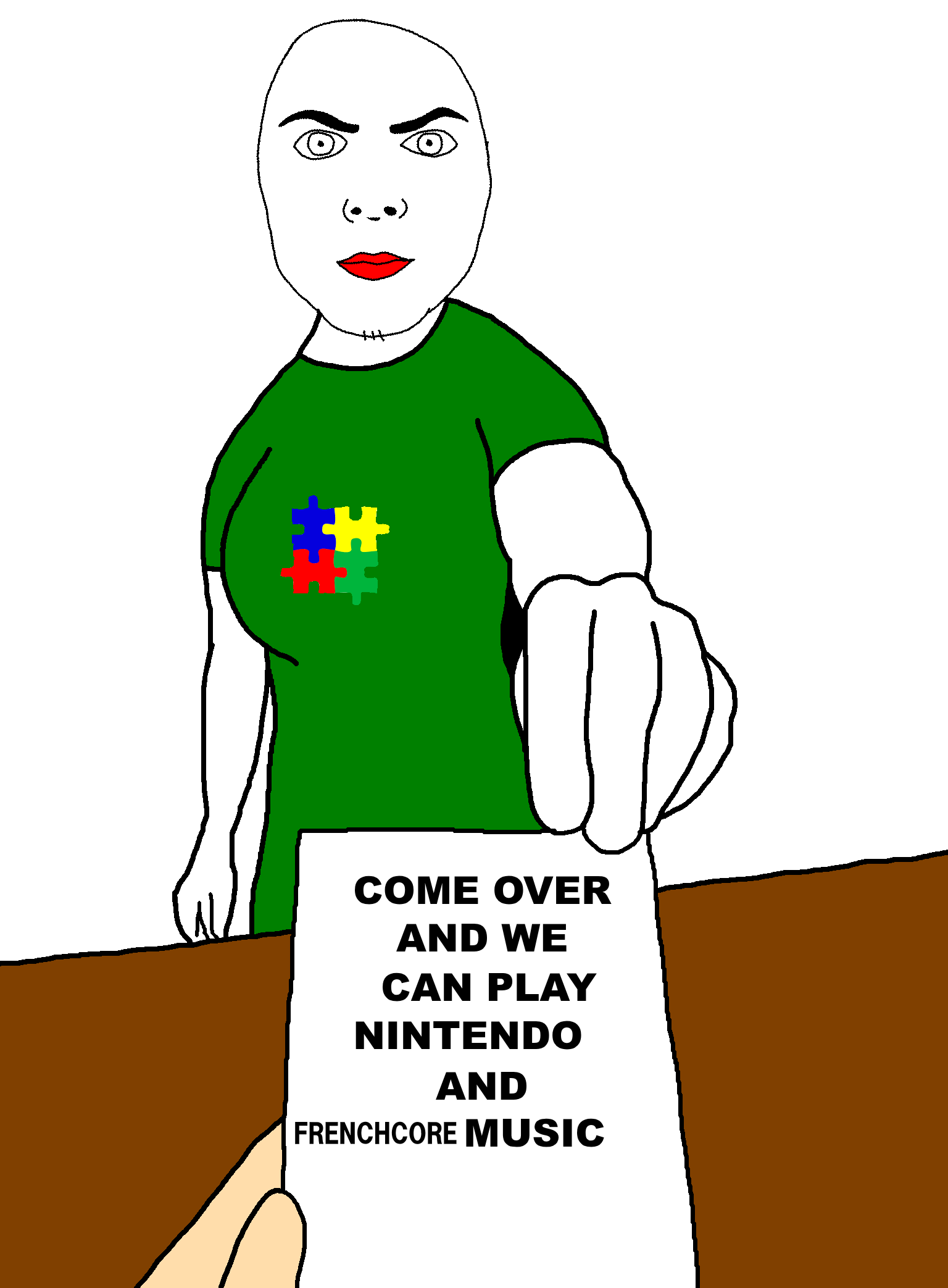 bartender, frenchjak, female bartender, foidjaks, arm, autism, big eyebrows, big eyes, big lips, closed mouth