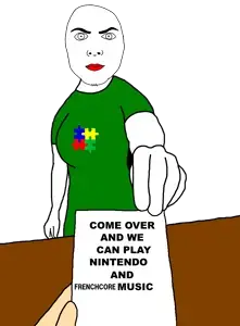 bartender, frenchjak, female bartender, foidjaks, arm, autism, big eyebrows, big eyes, big lips, closed mouth