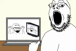 excited soyjak, gapejak, 3soyjaks, 4chan, animated, arm, computer, crazed, glasses, hands